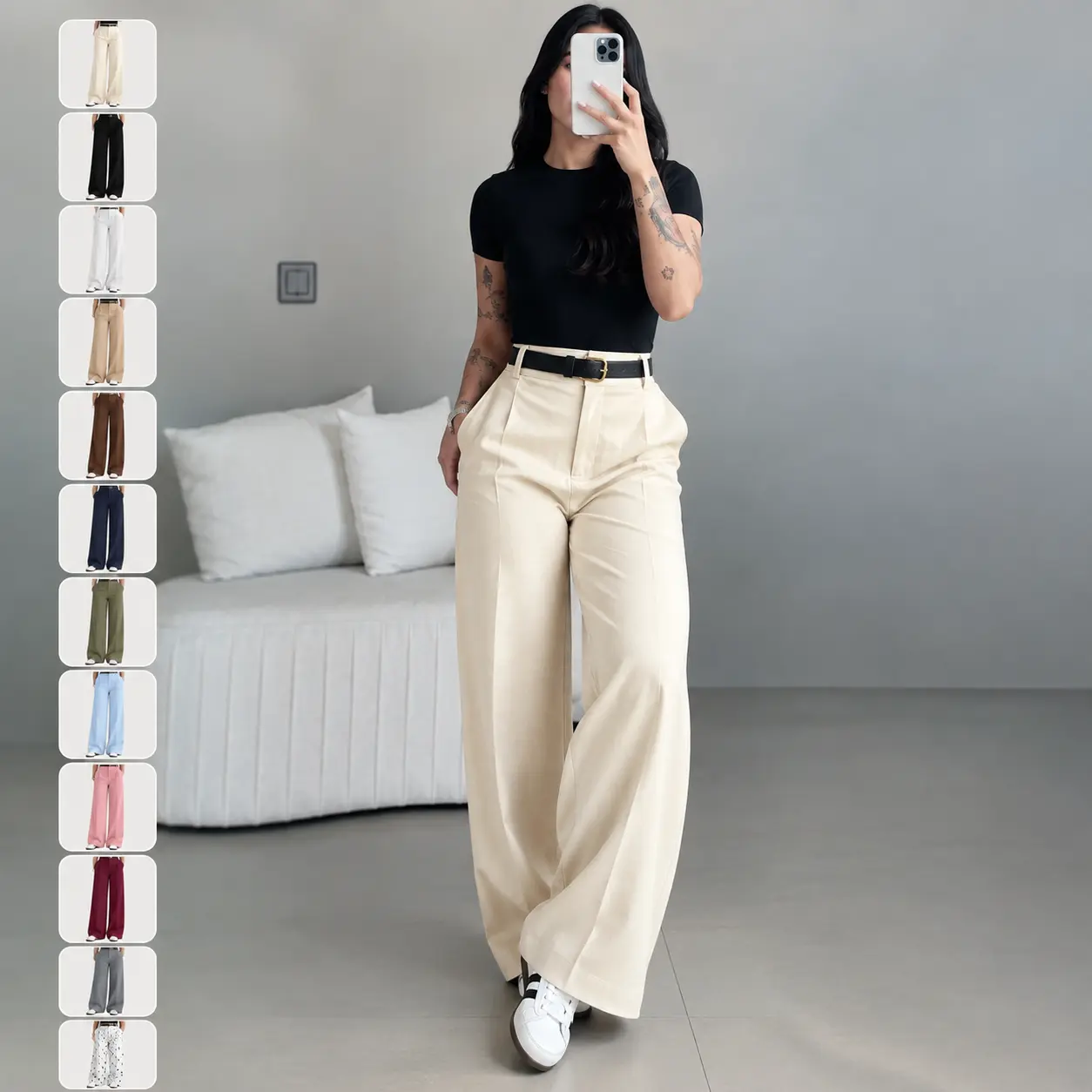 Women's High-Waisted Wide Leg Bottom Pants - Basic Minimalist Business Casual Drape Trousers with Clean Front, Pockets, Belt Loops, Full-Length Office Work Slacks, Machine Washable, Pants For Women