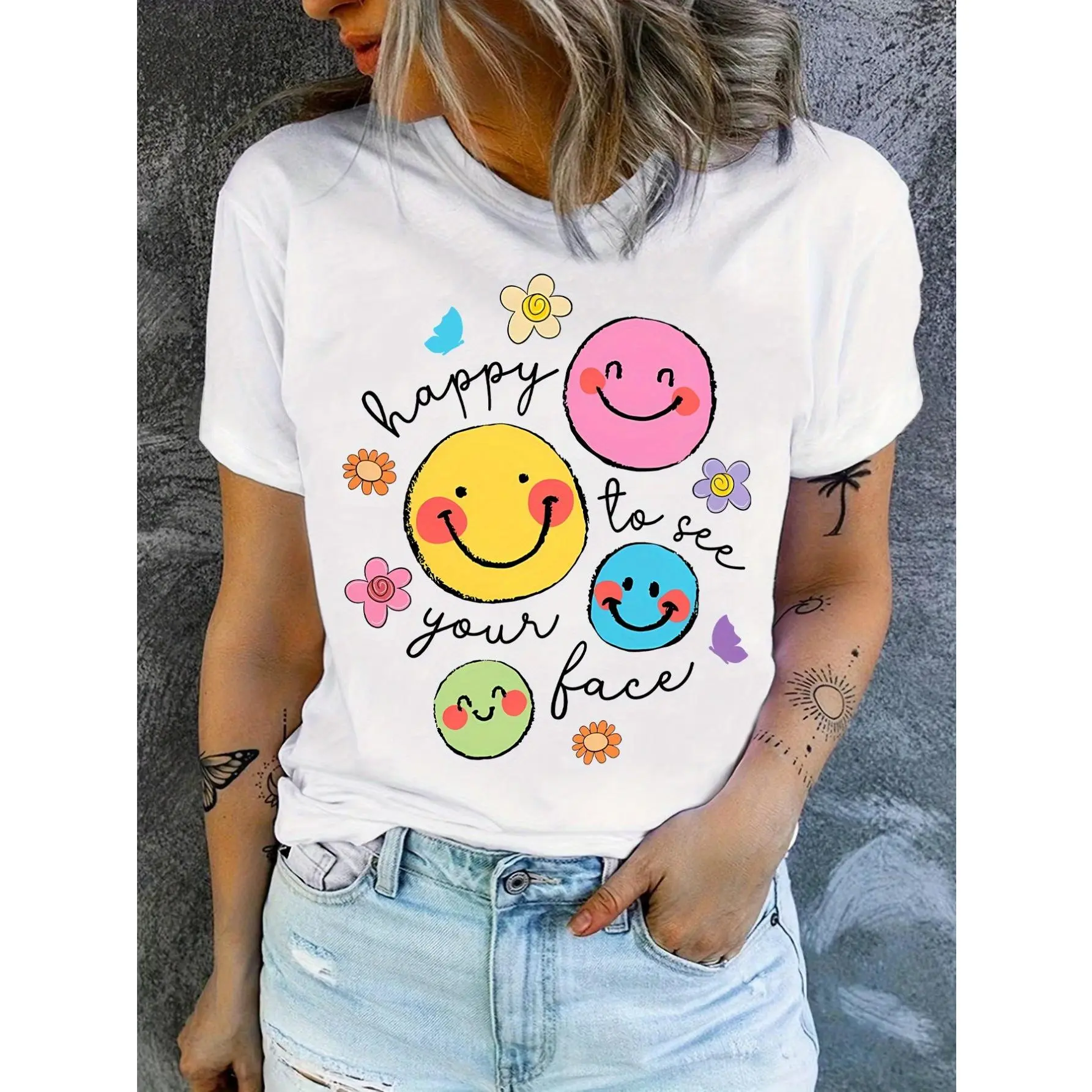 Funny Cartoon Joyful Face Printed T-Shirt, Back to Teacher T-Shirt, Happy to See Your Face T-Shirt, Teacher Life T-Shirt, Teacher Appreciation Gift, Teacher's Day Gift