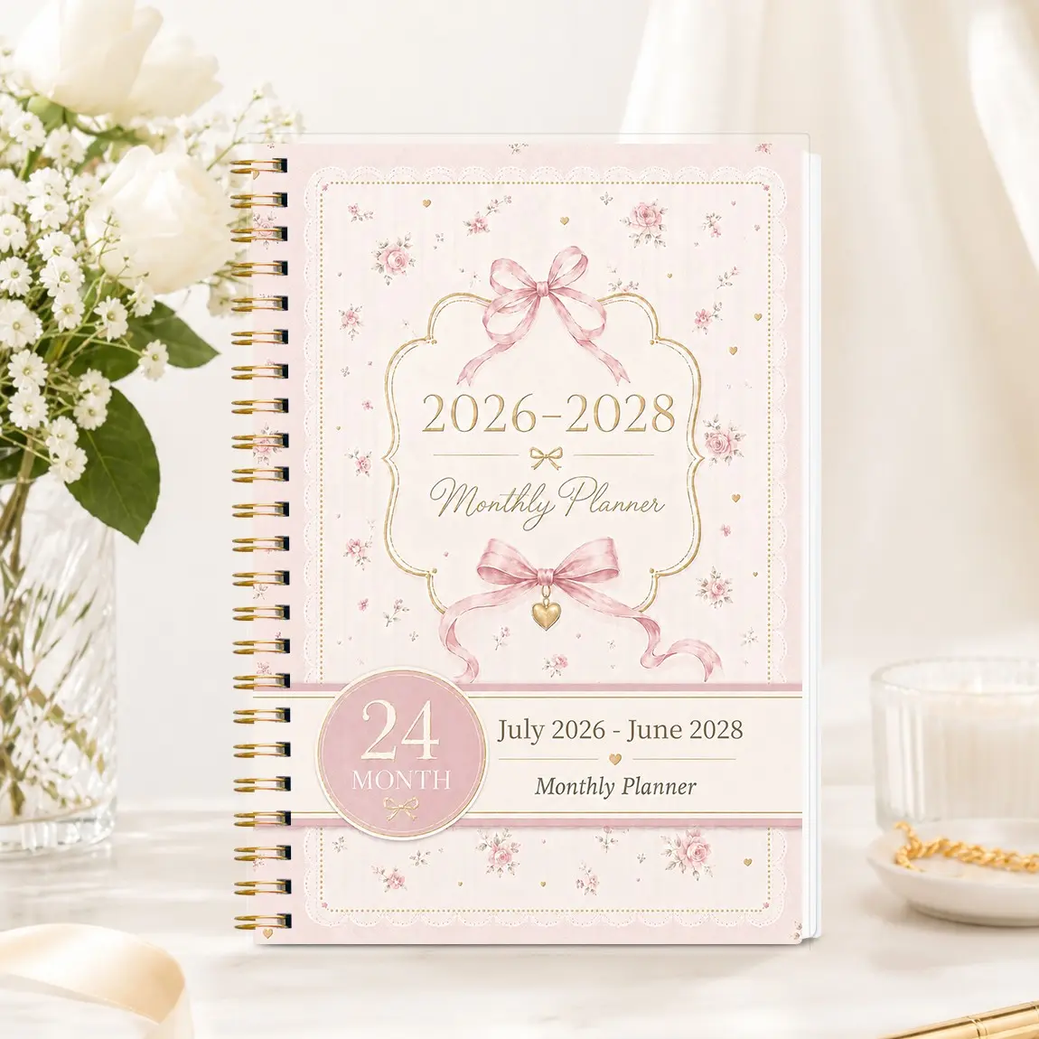 2026-2028 Monthly Planner Notebook, Bow Floral Cover A5 Coil Journal, Spiral Binding, Spiral Bound Planner, Reference Calendar and Notes Page, Schedule Planner