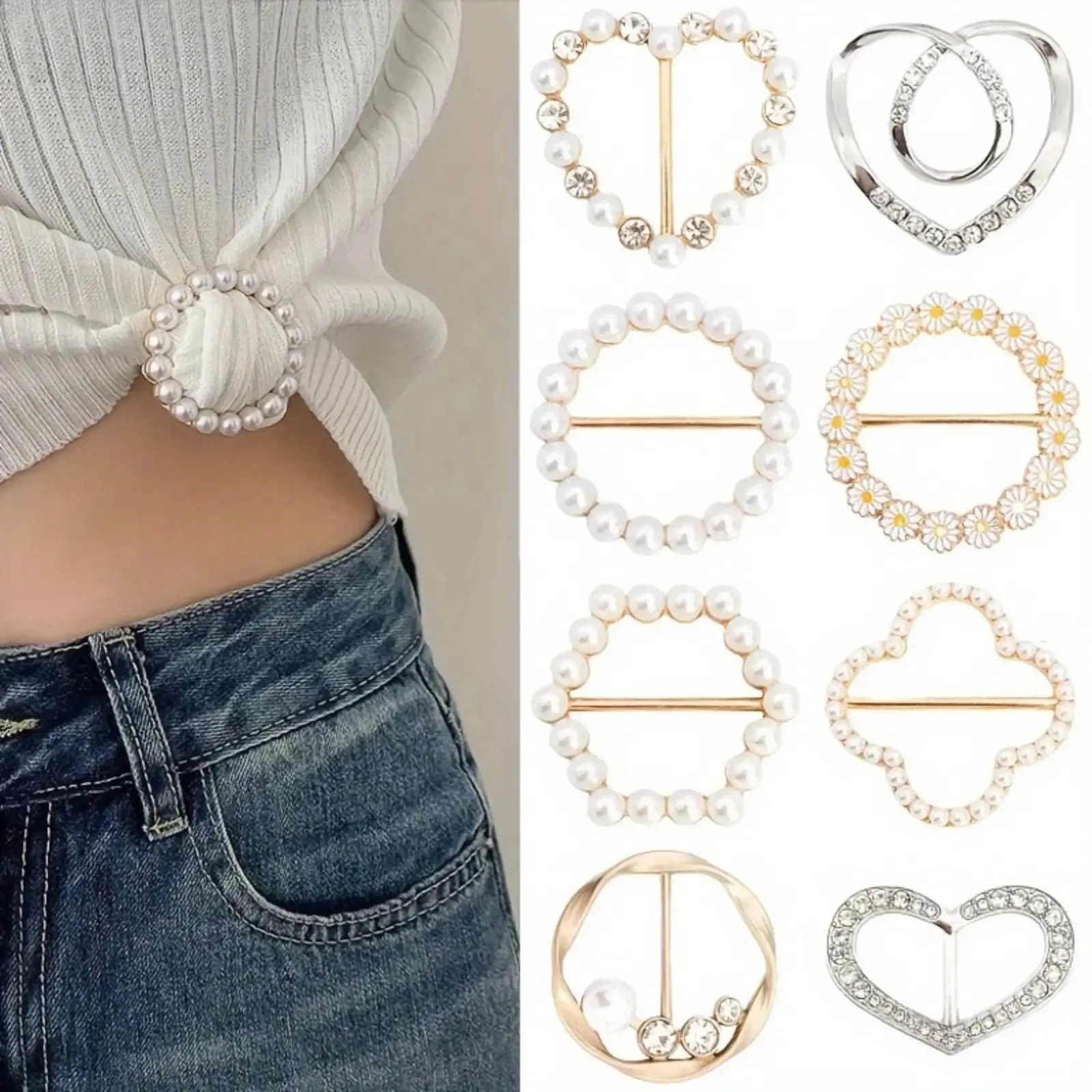 8PCS Metal Cinch Clips Set with floral & heart beaded details. Versatile fashion pins and brooches, ideal for decorating dresses, scarves and matching daily outfits.