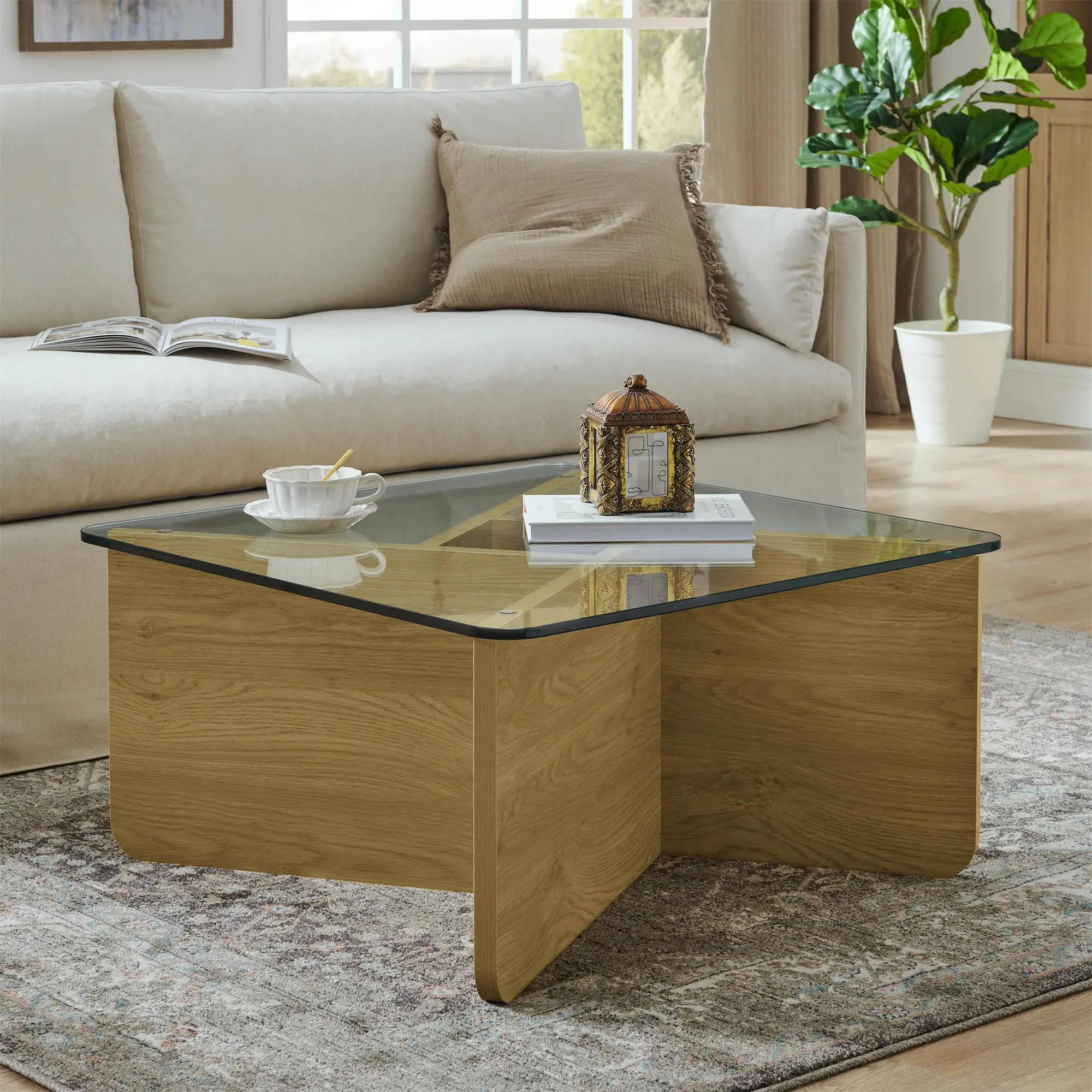 ARCH 31.5 Inch Square Glass Coffee Table Mid-Century Modern Center Cocktail Table for Living Room, Tempered Glass Top with Natural Wood MDF Base, Easy Assembly, Small Space Furniture, Natural Wood Color Options, MDF+glass Material