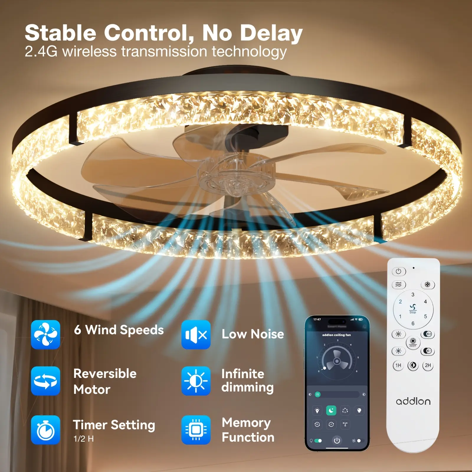 24" Low Profile Flush Mount Ceiling Fan with Light and Remote, 3CCT Dimmable LED, 6-Speed 300-3000LM 3000-6000K Quiet Reversible Motor, Modern Fandelier for Bedroom, Kitchen, Living Room