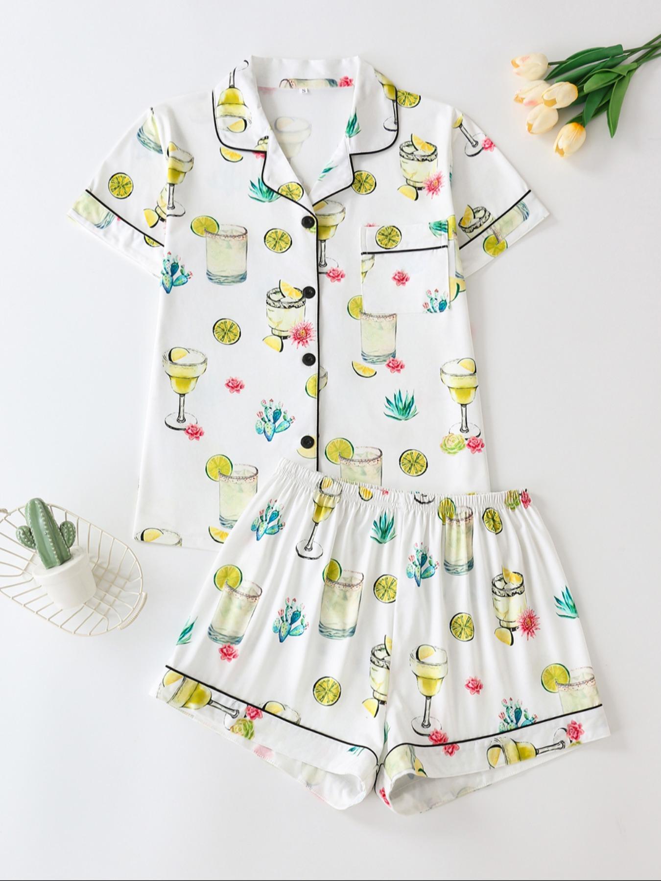 Women's Short Sleeve Pajama Set, Button Front Chest Pocket Design Lapel Neck Top & Elastic Waist Shorts Pj Set, Ladies Sleepwear, Breathable Stylish Pajama, Shortsleeve Womenswear, Loungewear, Homewear