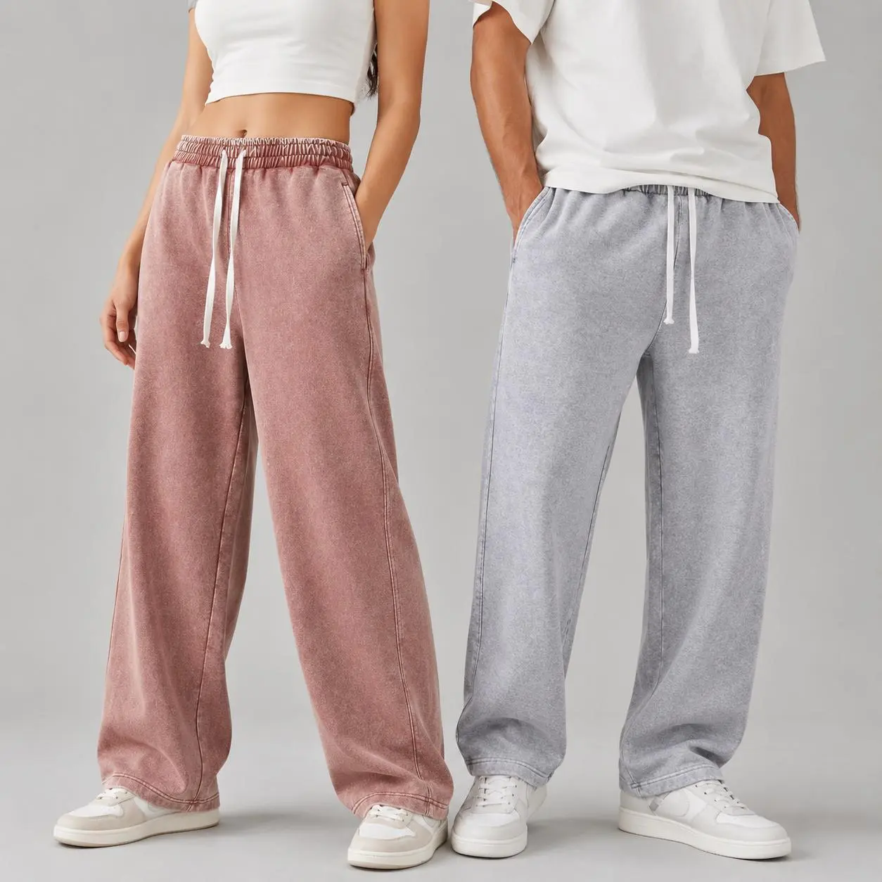 Two Pack Unisex Acid Wash Wide Leg Sweatpants Elastic Waist Drawstring Casual Lounge Pants with Side Pockets Vintage Streetwear Trousers for Men Women Travel Home Daily Wear