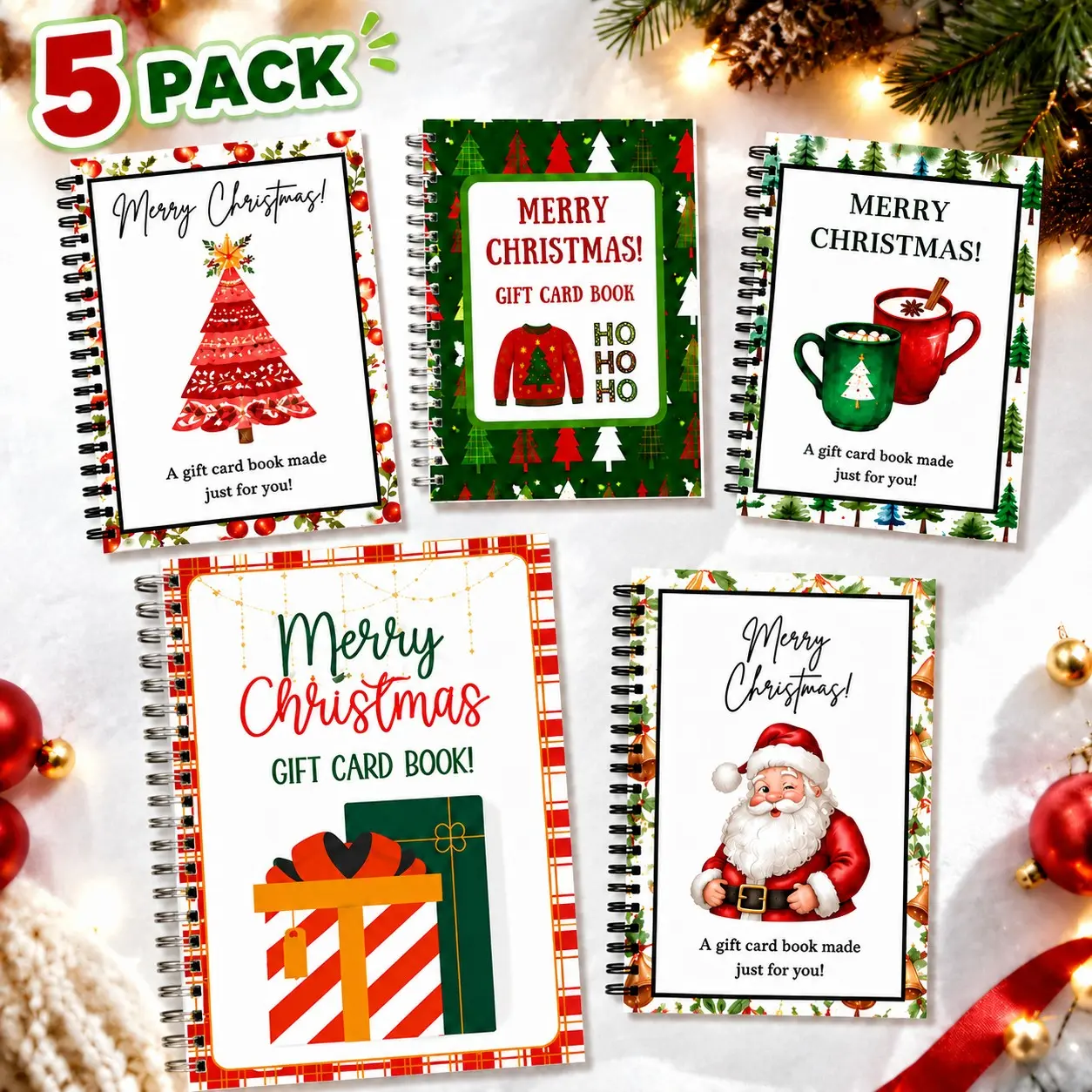 5-Pack Christmas-Themed "Gift Card" Books, Spiral-Bound Journals with Festive Covers Notebooks for Gift-Giving, Christmas Gifts, Stationery Items