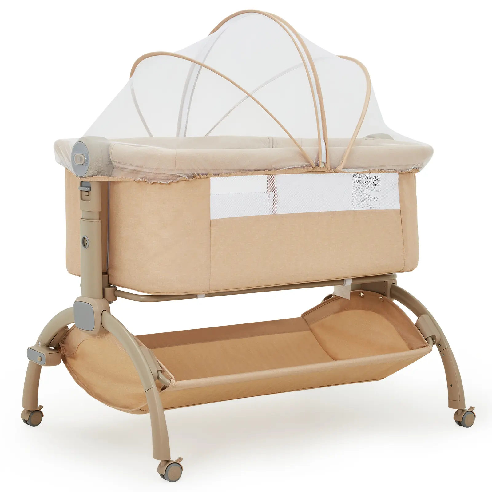 3-in-1 Adjustable Baby Bedside Crib with Breathable Mesh, Rolling Wheels, Mattress, Removable Mosquito Net, Storage Basket, Travel Bag, Portable Side Crib for Home or Travel