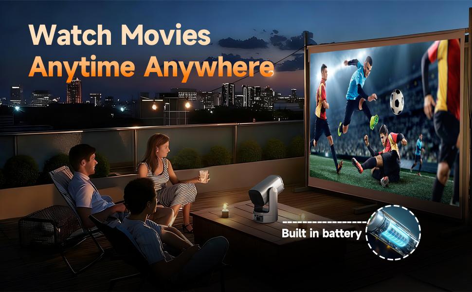 HUANLETOU  With batteries Rechargeable Mini Android Outdoor projector, 800ANSI native 1080P resolution, auto focus and auto trapezoidal correction, 200-inch screen WiFi6 bt5.2 multi-functional UHD outdoor entertainment projector.