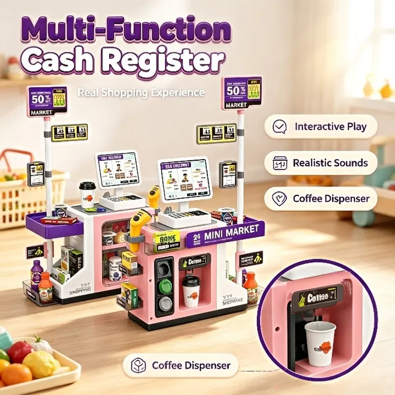 Kids Pretend Supermarket Play Set, Simulation Cash Register with Scanner & Card Reader, Water Dispensing Coffee Machine, Play Food Accessories, Light Up Role Play Shopping Toy Gift for Boys Girls Ages 3+