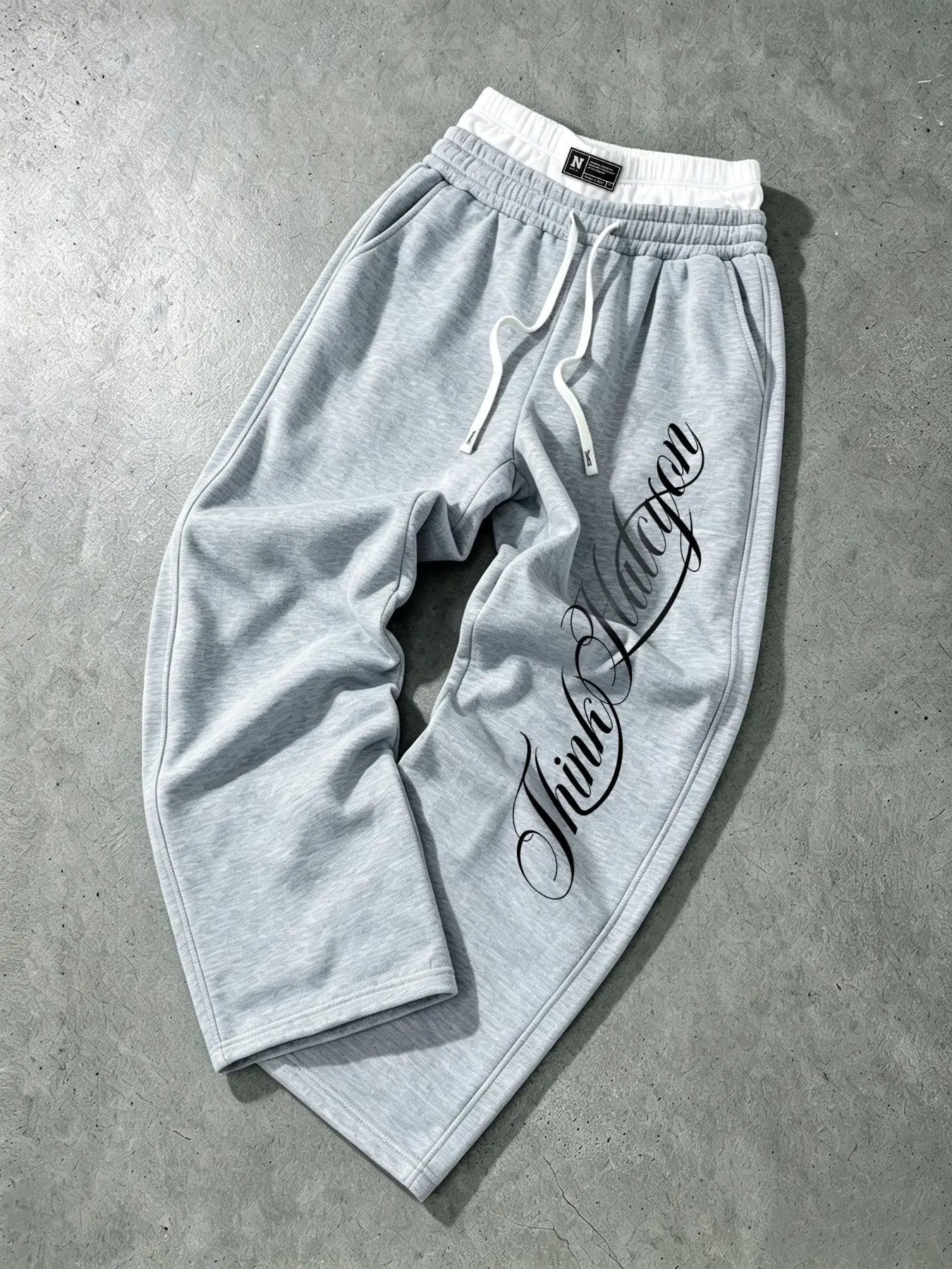 Trending Contrast Trim Spliced Waist Graphic Joggers, Printed Sweatpants, Men Oversized Full Length Straight Casual Sweat Trousers Black Main Body White Waist Accent Drawstring With Brand Tag Side Pocket Script Print All Season Athleisure Bottoms