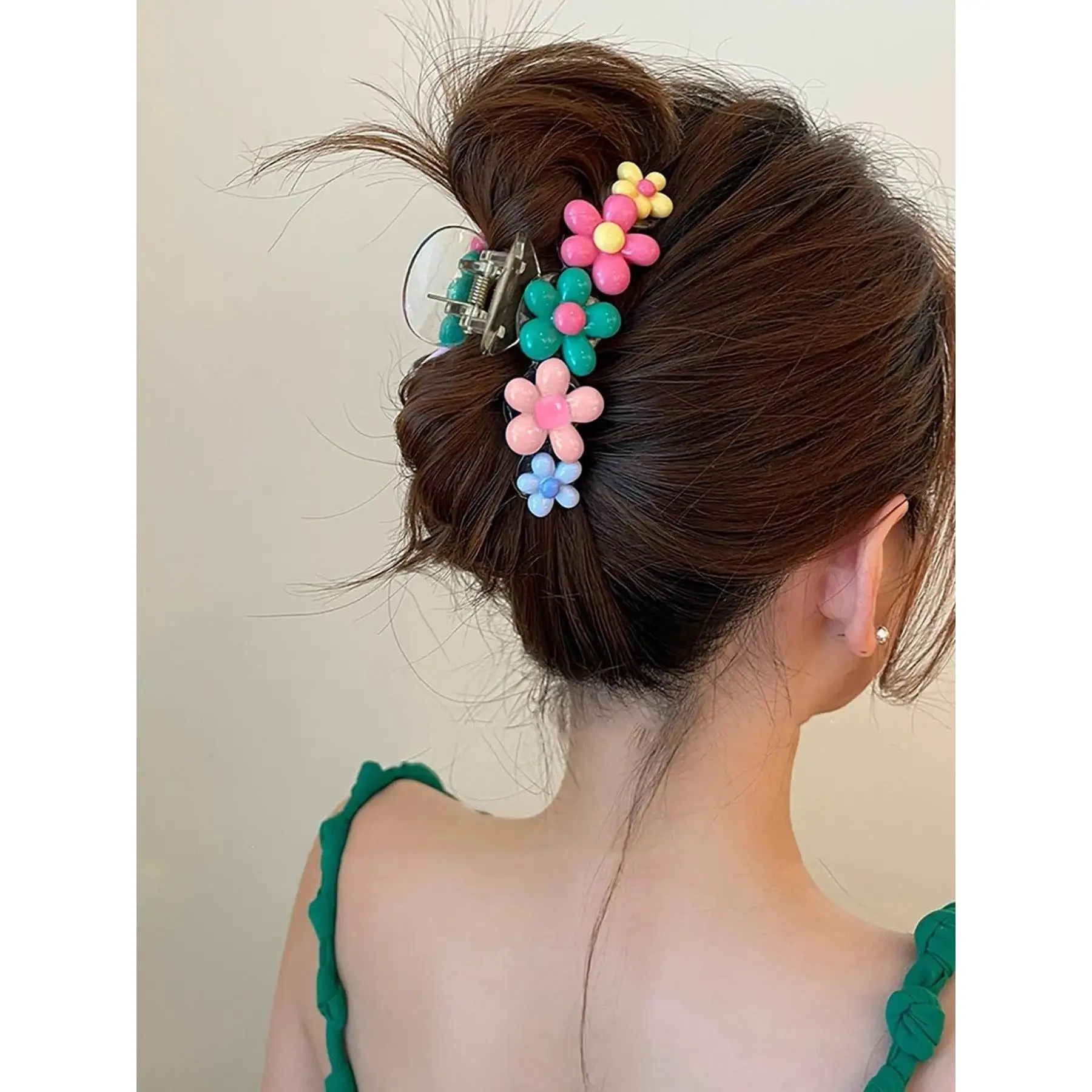 Women's Cute Colorblock Flower Claw Clip, Elegant Casual Hair Accessory for Thick Hair, Casual Hair Clips