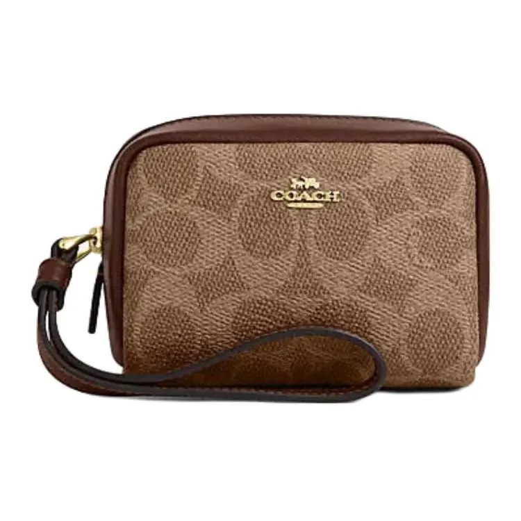 COACH Mini Wristlet Clutch Bag for Women – Brown and Tan Faux Leather with Metal Zipper and Logo