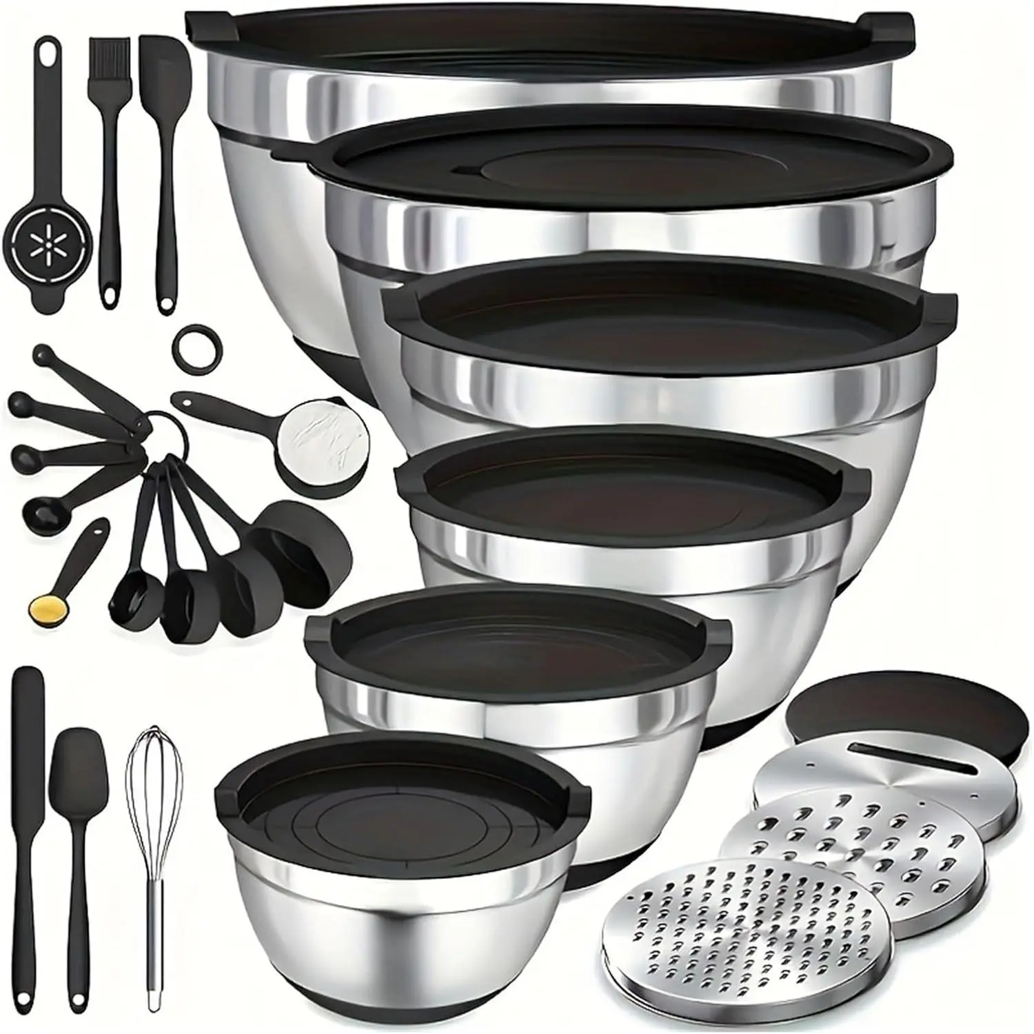 6PCS Brushed Stainless Steel Tableware Bowl Set - Dent-Resist Matte, BPA-Free, Durable, Airtight Lids, 3 Grater Attachments, Non-Slip Bottoms, Stackable, Dishwasher Safe, Elegant Silver Look Suits Gifting, Space-Efficient Storage for Serving, Baking, Serv