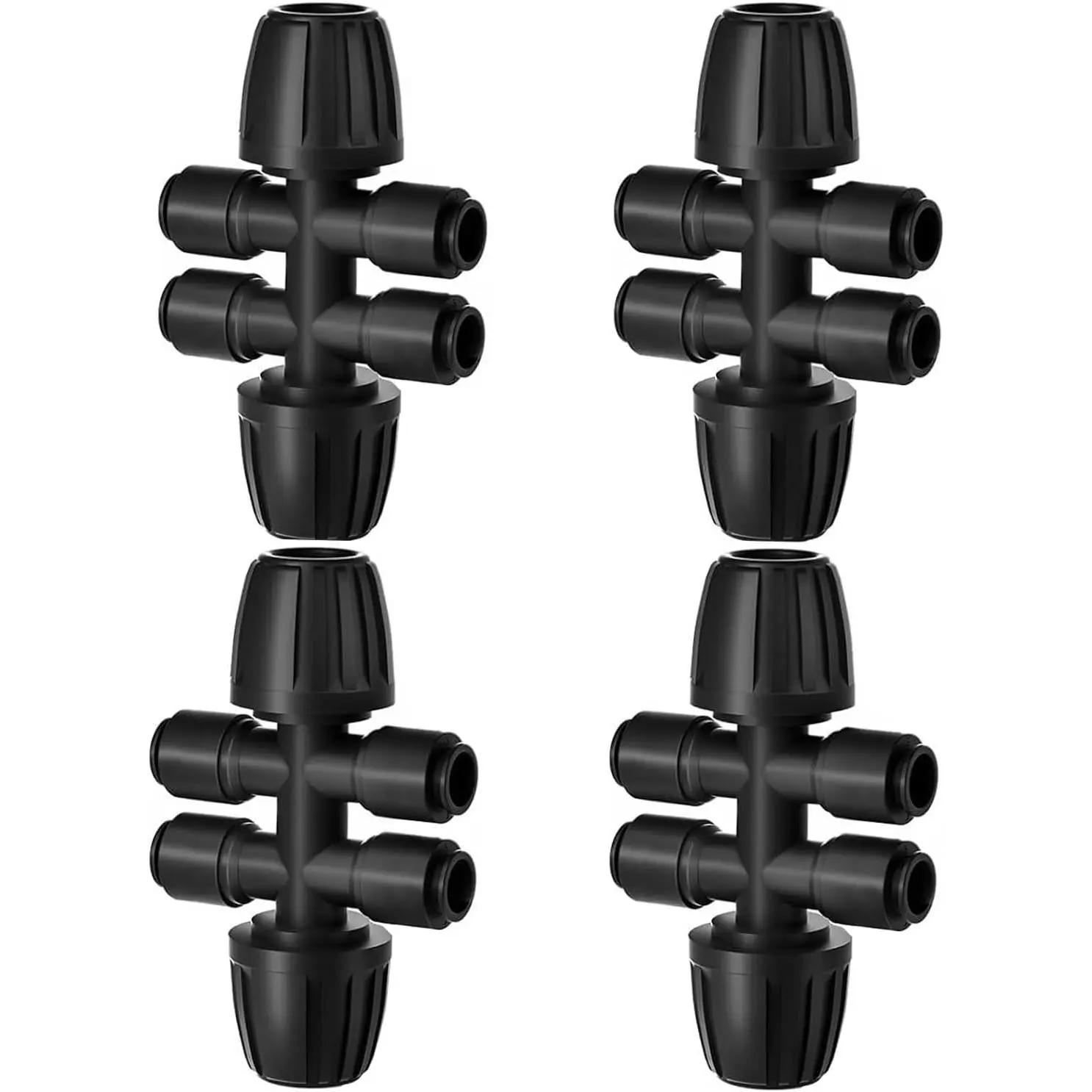 4 count 6 Way Drip Irrigation Fittings,1/2" to 1/4" Push-In Barbed Connectors | Quick Connect Water Manifold Adapters for 1/2 Inch Tubing, Anti-Leak Irrigation System  for Garden Watering