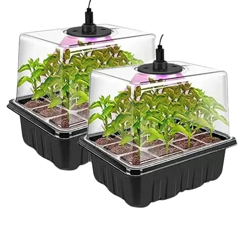Seed Starter Tray with Grow Light, Seed Germination Kit with Adjustable Humidity Dome, Seedling Starter Tray with Raised Lid for Indoor Plants, Plant Growing Set