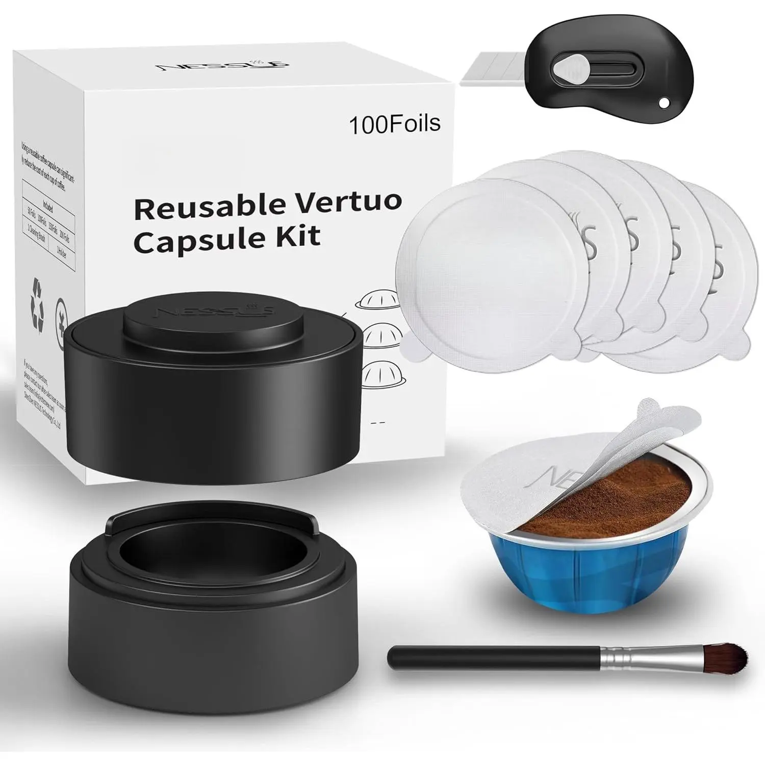 Pod Kit for  Pods Vertuo, Reuse Old Coffee Pods for  Vertuo: 100 count  Foil Seal Lid, Holder, Brush, Refillable Vertuo Plus Next Capsule Machine(No Pods Come)