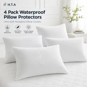 HTA 4-Pack Waterproof Pillow Protectors - Quiet, Skin-Friendly, Breathable, Stain-Resistant Pillow Covers with Envelope Closure, Wrinkle-Free, Fade-Free, Machine Washable for Cooling Sleep, Do Not Iron
