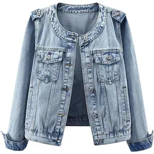 Jacket for Women Trendy Collarless Button Down Long Sleeve Casual Denim Jacket Country Concert Outfits