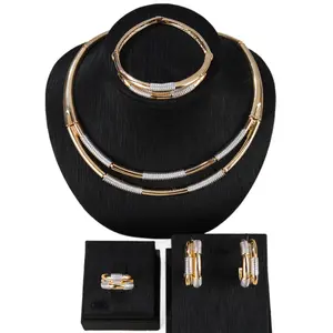 High-quality Alloy Base With Long-lasting Gold & Silver Dual Plating, Two-Tone Gold Silver Wire Wrap Jewelry Set 4Pcs For Women, Double Layer Curved Tube Choker Necklace Matching Hoop Earrings Bracelet Ring,Statement Accessories, Trendy Dai