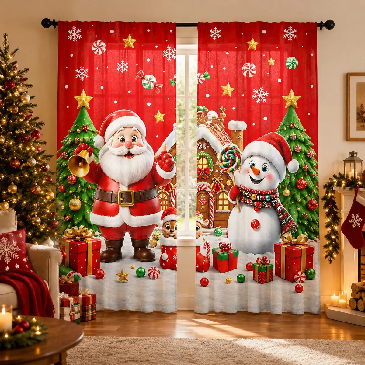 2pcs Red Christmas-themed semi-blackout curtains featuring Santa Claus and snowmen; fabric curtains designed to create a festive atmosphere in living rooms or bedrooms. Made of polyester; suitable for bedrooms, kitchens, studies, cafés, and more.