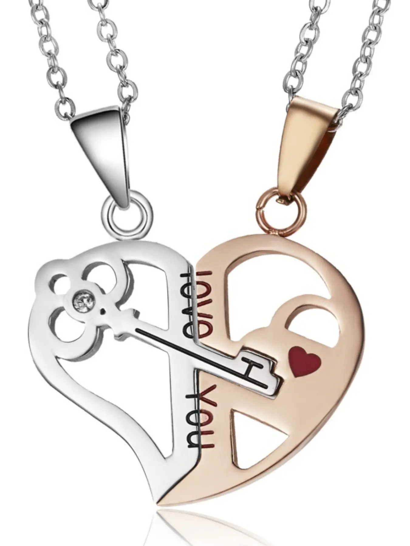 Heart-shaped lock and key style two-in-one couple pendant necklace, stainless steel heart CZ puzzle, a stylish jewelry gift.