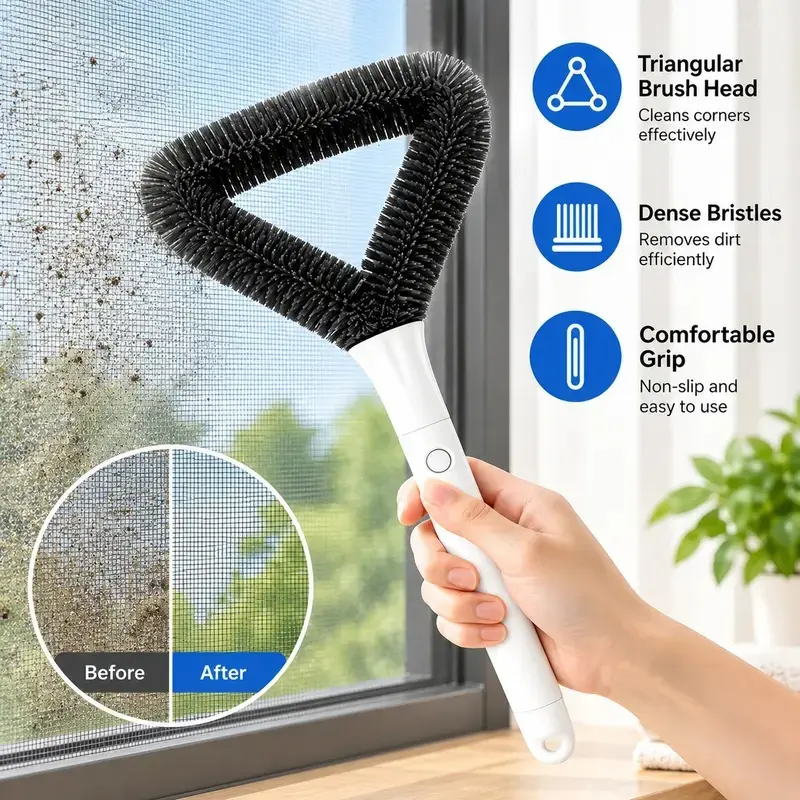 Triangular Window Screen Cleaning Brush (1-Pack) - Features dense, soft bristles and a dual-sided design, along with a detachable brush head and non-slip handle; suitable for dusting and cleaning household window screens.