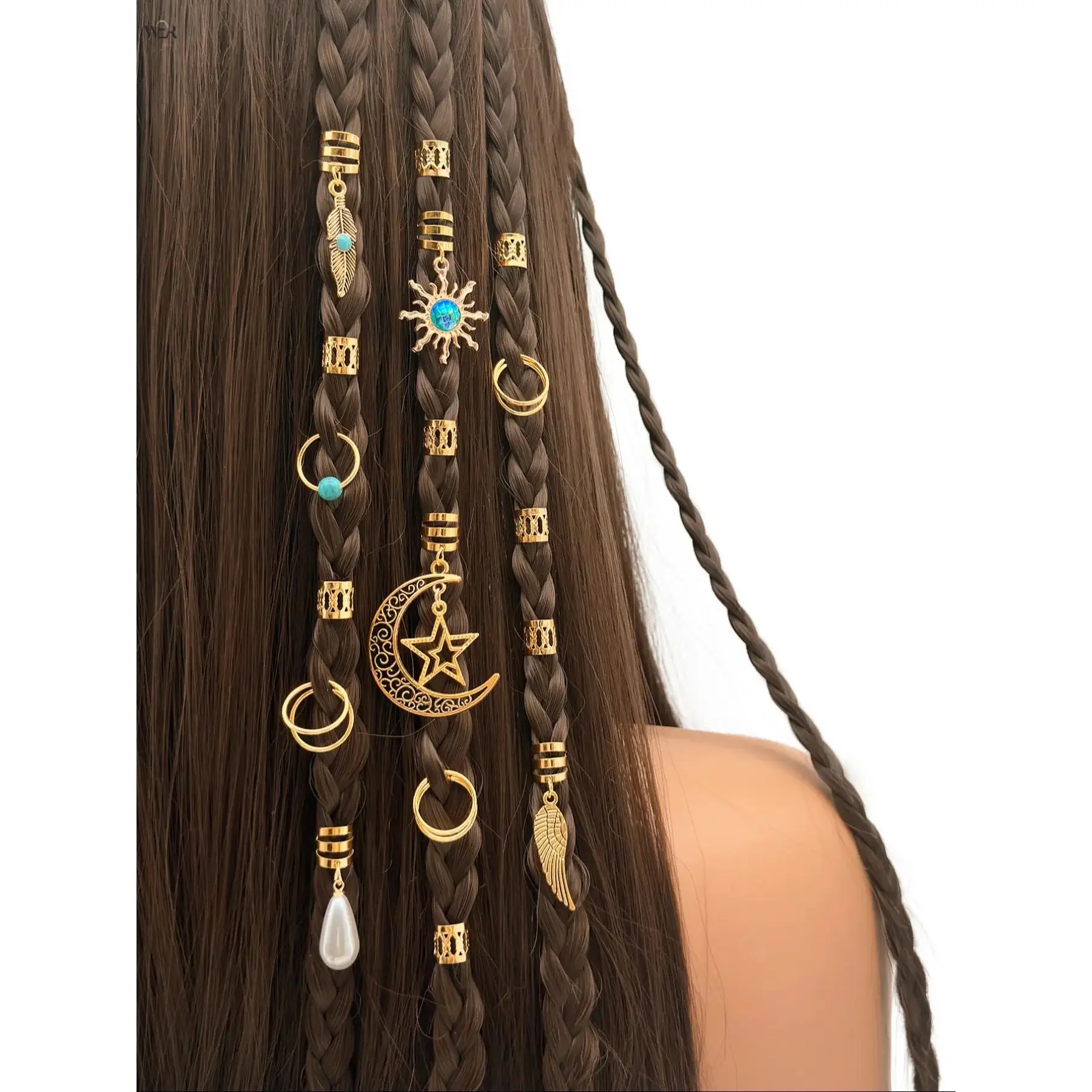 46Pcs Boho Turquoise Gold Braided Hair Cuff Set, Sun Moon Star Feather Teardrop Pearl Dreadlock Charms, Hollow Metal Hair Tubes & Open Jump Rings, Western Tribal Hair Decor Accessories for Festival DIY Braids Hairstyle