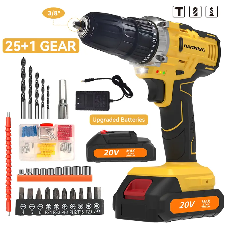 HANWISE 20V Strong Drive Cordless Drill Driver Tools Kit Set - 2.0AH Rechargeable Battery, 25+1 Clutch, Keyless Chuck, Built-in LED Light, 2 Variable Speeds Portable Power Drill for Home DIY Projects