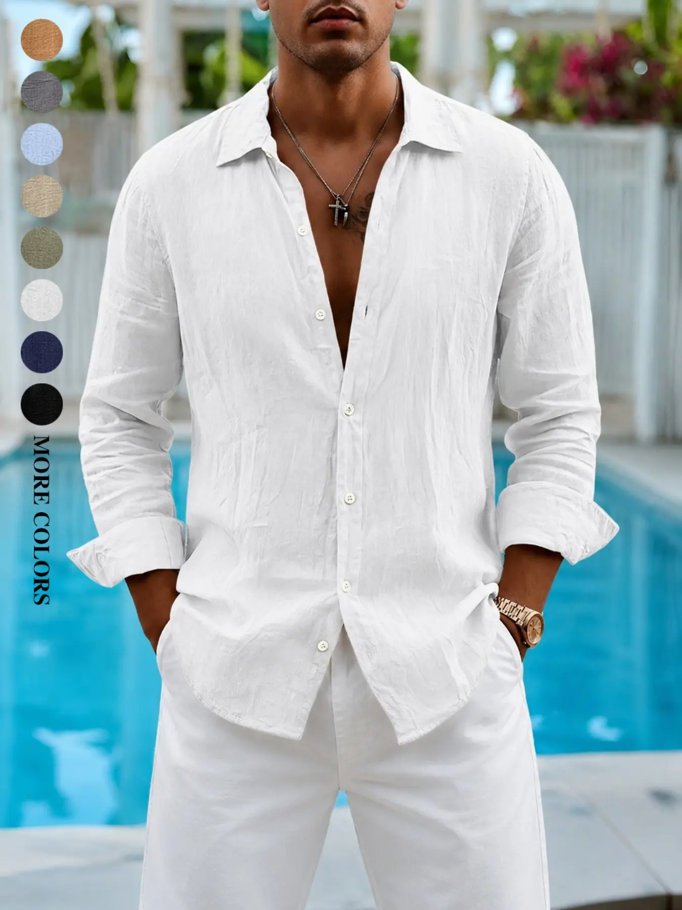 Men's Spring/Autumn Everyday Wear, Beach Vacation Style, Casual Streetwear Style, Roll-up Sleeve Linen Blend Collared Shirt, Suitable for Home, Outdoor, Urban, Street Style, Casual