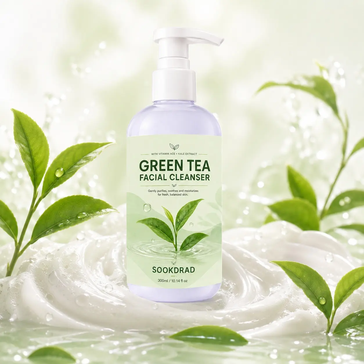 Green Tea Facial Cleanser, with Vitamin ACE, with kale extract, gently purifies, soothes, moisturizes, for facial skin, 10.14 fl oz, 300ml