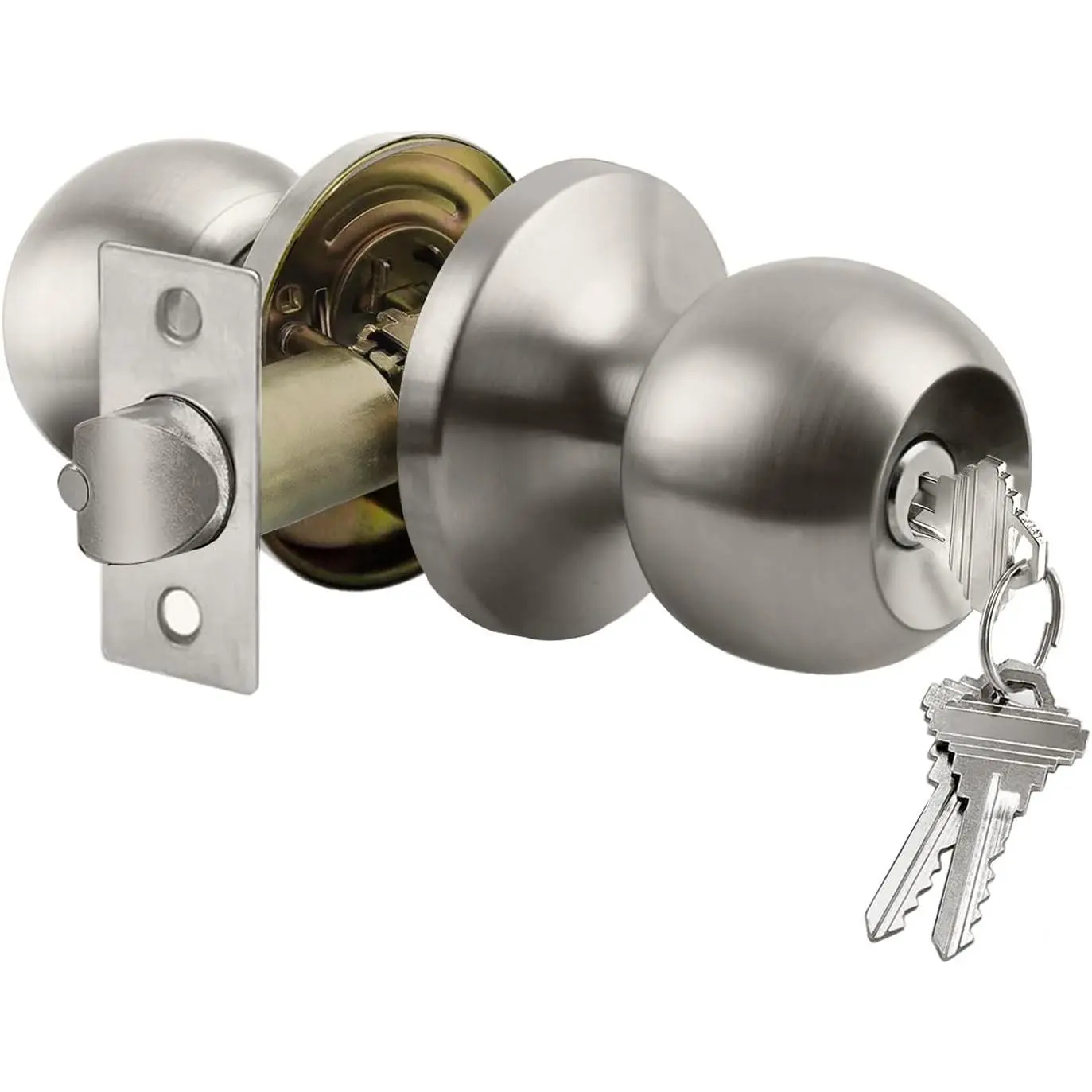 Keyed Entry Door Knob with Lock, Heavy Duty Interior and Exterior Door Lock, Standard Ball, Satin Nickel