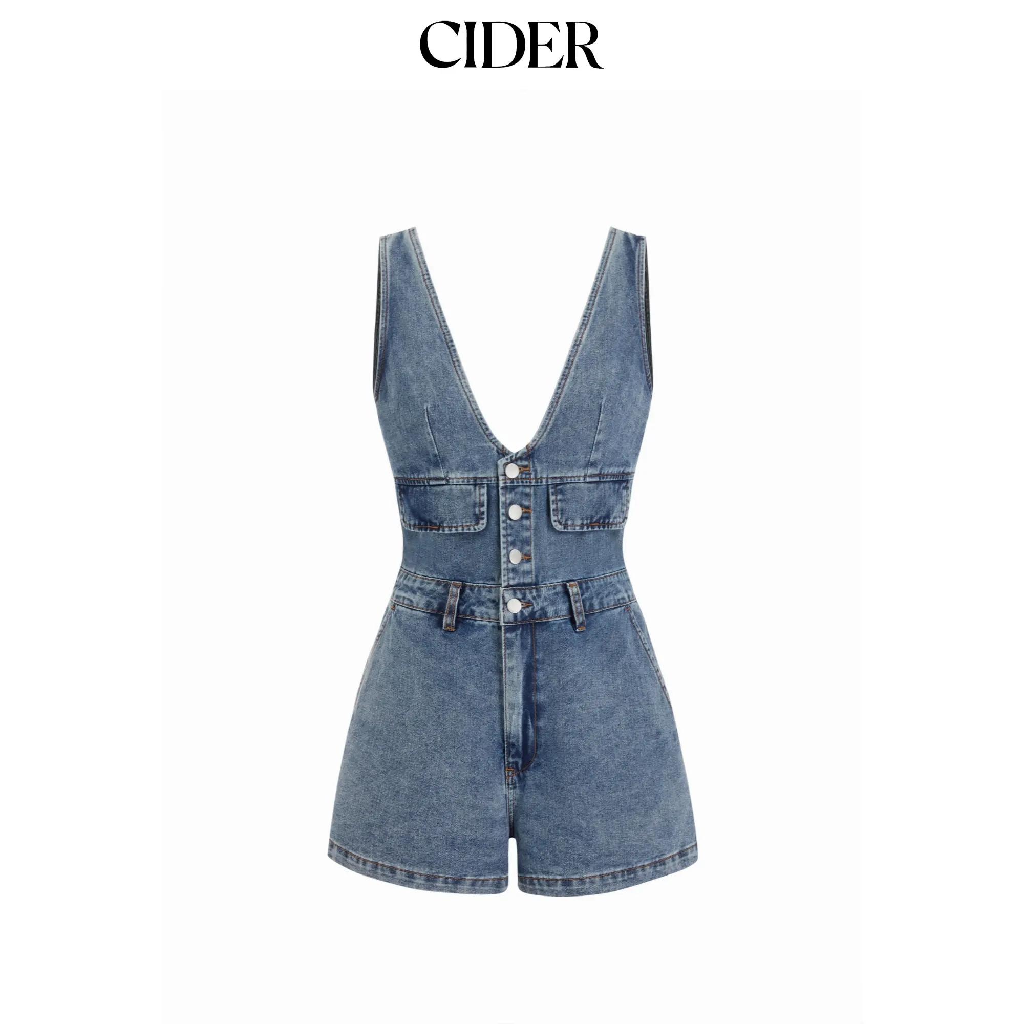 Cider Denim V-Neck Button Front Metal Detail Jumpsuit