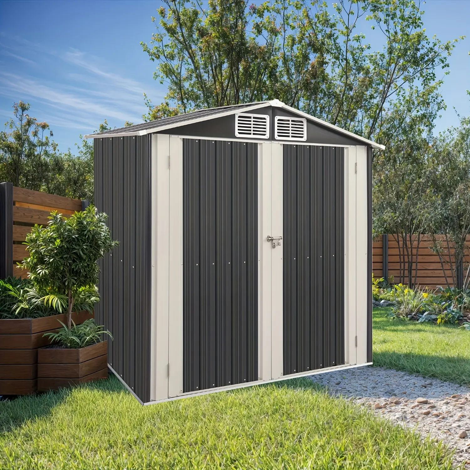Shed Outdoor Storage Shed Metal Garden Shed with Lockable Doors And Sloping Roof Tool Shed Bike Shed for Backyard, Patio, Poolside