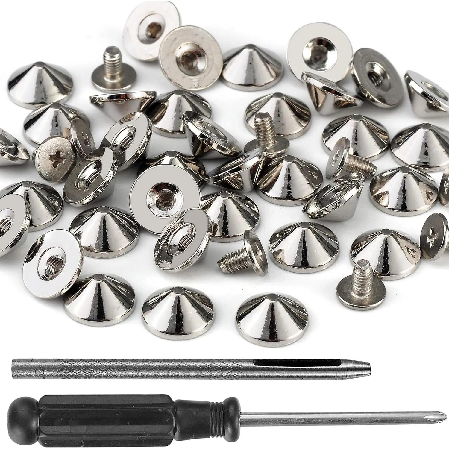 100 Sets Cone Spikes and Studs 4.7MM Height  Color 3/16"  Spikes Screw  Punk Studs and Spikes for Clothing Shoes Leather Craft Belts Bag Rivets with Installation Tools