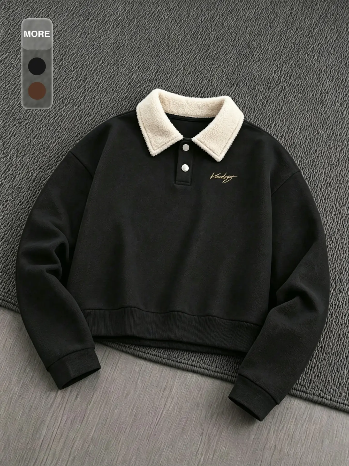 Men’s Sherpa Collar Polo Sweatshirt, Long Sleeve Pullover Top with Soft Fleece Fabric and Minimal Letter Detail, Casual Streetwear Style, Menswear