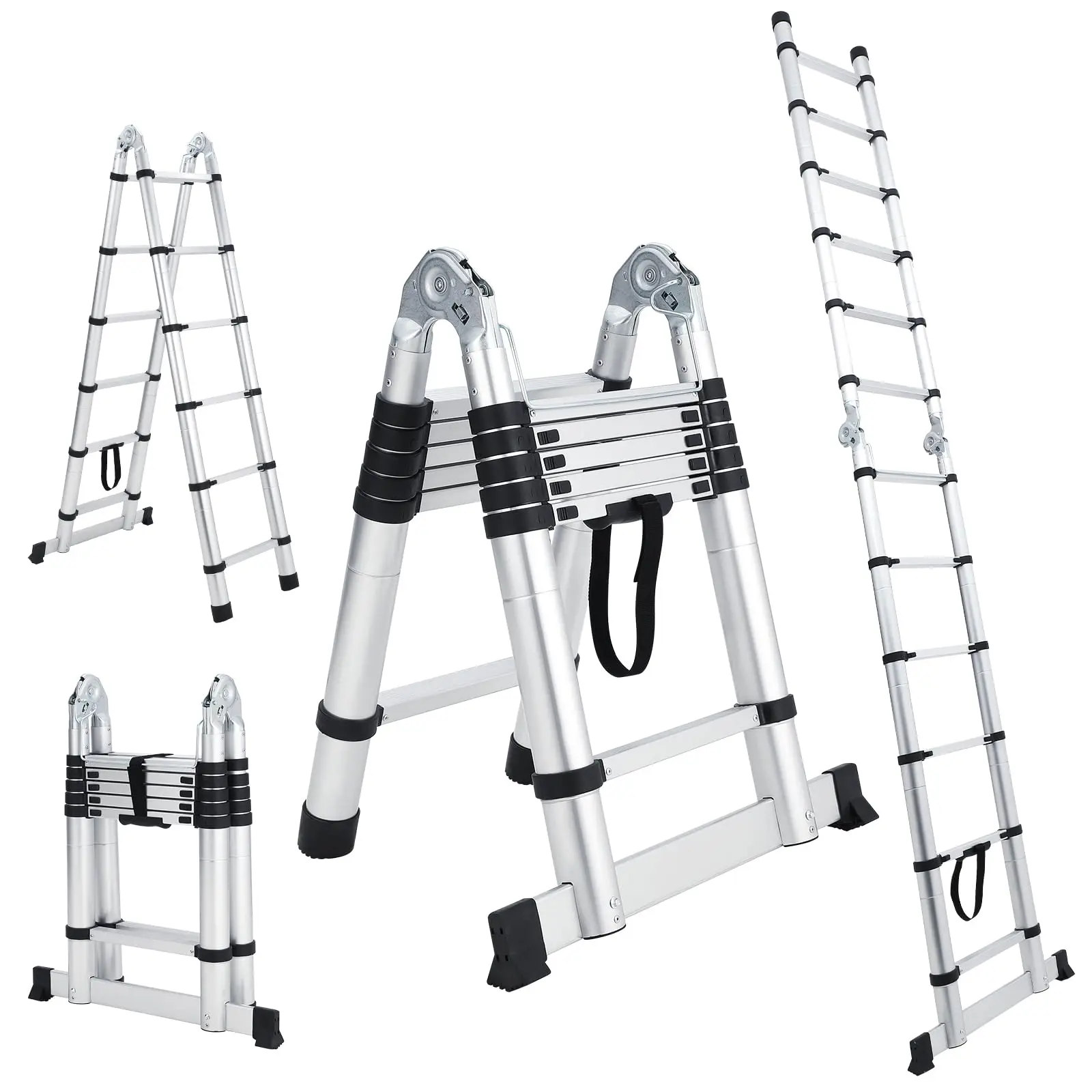 GARVEE Telescoping Ladder with Tool Tray - Aluminum Folding, Collapsible, Extendable Ladders Available in Heights of 12.5FT, 14.5FT, 16.5FT, 18.5FT