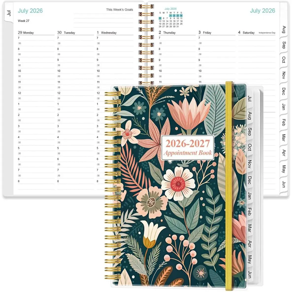 2026-2027 Appointment Book & Planner - 2026-2027 Daily Hourly Planner from July 2026 - June 2027, Weekly Appointment Book with 30-Minute Interval, Medium 6.4" x 8.5", Flower-B