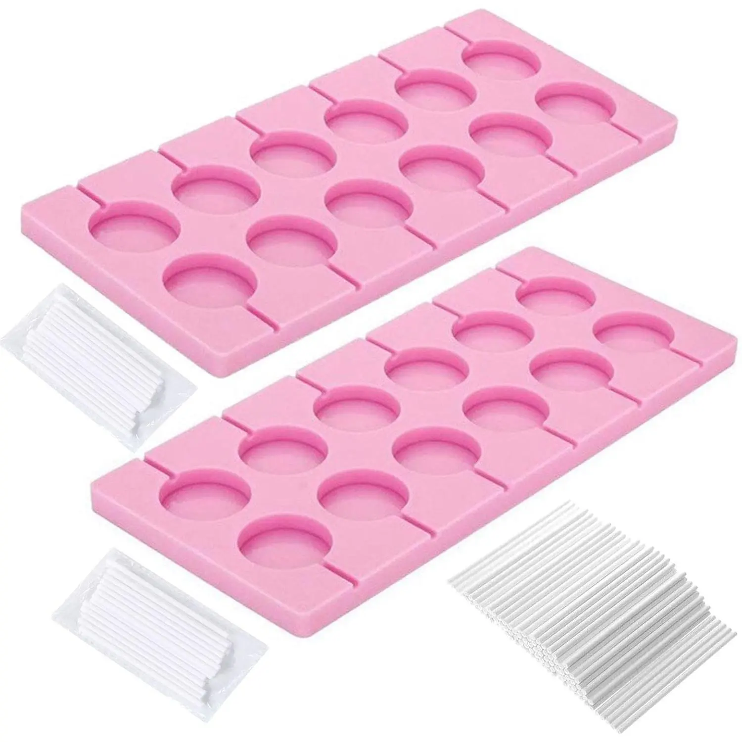 V-fox 2Pcs 12-Cavity Round Silicone Lollipop Molds for Chocolate Hard Candy, with 140 Count Lollipop Sucker Sticks, Perfect for Halloween Christmas Parties