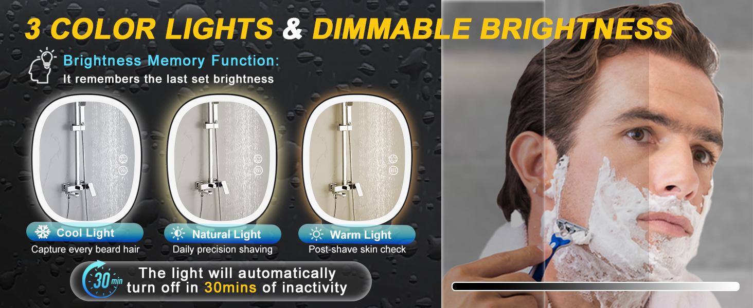 Shaving Mirror for Shower Fogless, Heated Anti-Fog Mirror with 3-Color Dimmable LED Lights, 360° & 2 Weeks Runtime 5000mAh, Shower Mirror for Shaving Men, 2 Razors Holders