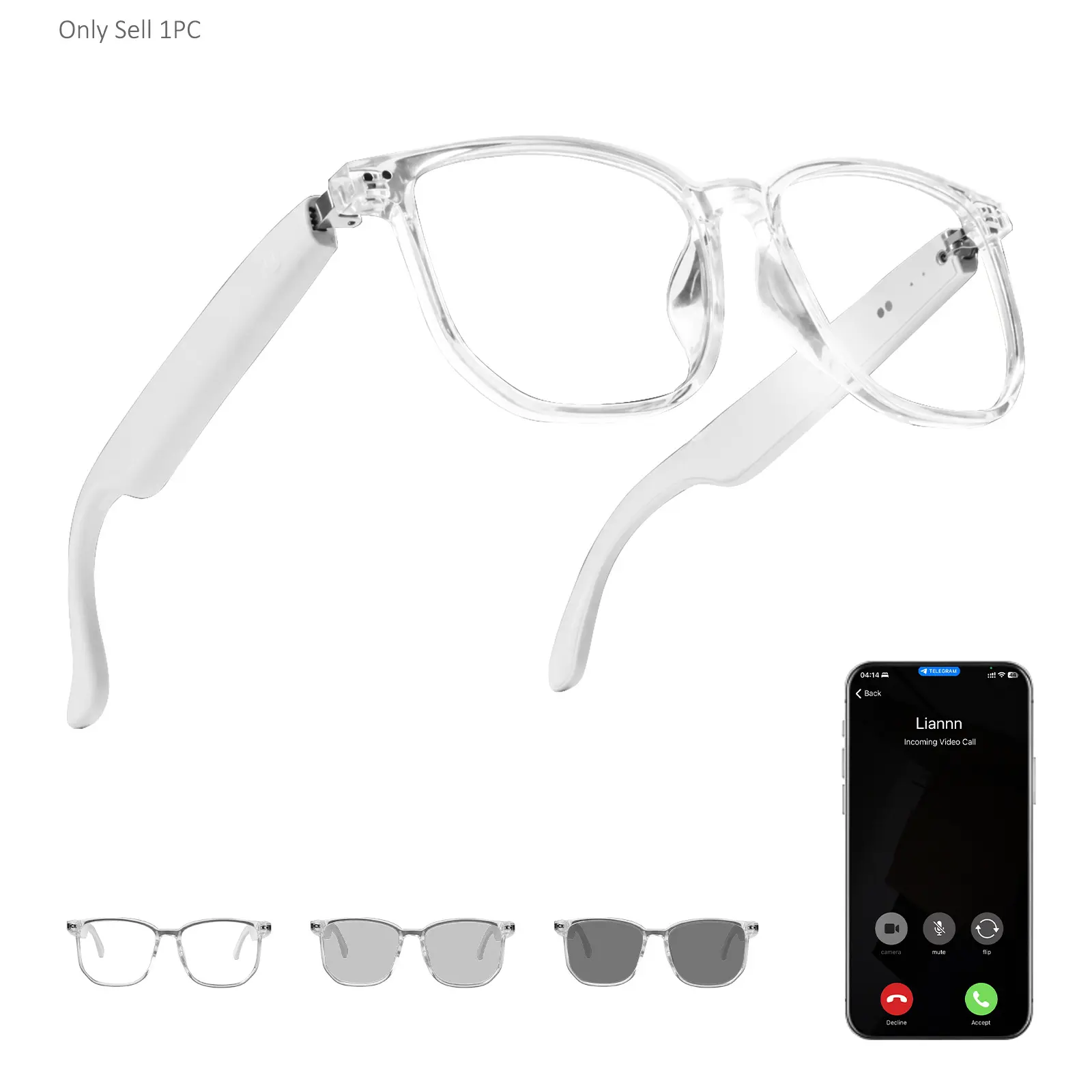 Photochromic Smart Glasses, Bluetooth Audio Glasses with Open-Ear Speakers, Hands-Free Calls, Touch Control, Voice Assistant and Remote Camera, Wireless Smart Glasses