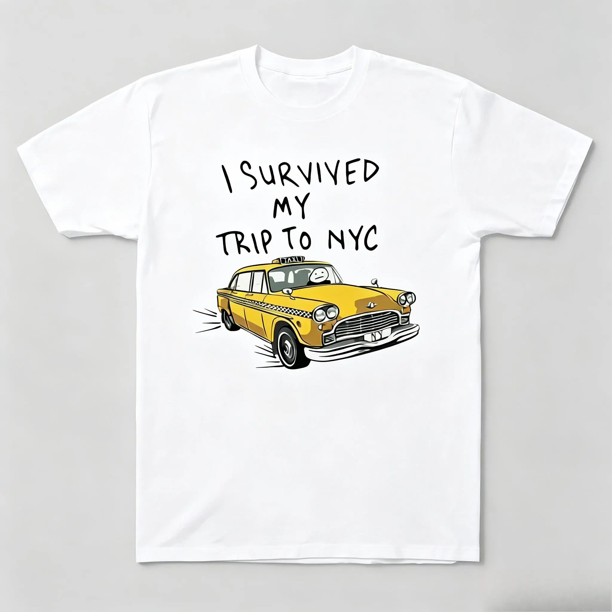 Menswear 100% Cotton Short-Sleeve Breathable Graphic Print Crewneck T-Shirt - Unisex NYC Vintage Yellow Taxi Zendaya Spiderman Meme Casual Streetwear Tops, Shortsleeve, Denim