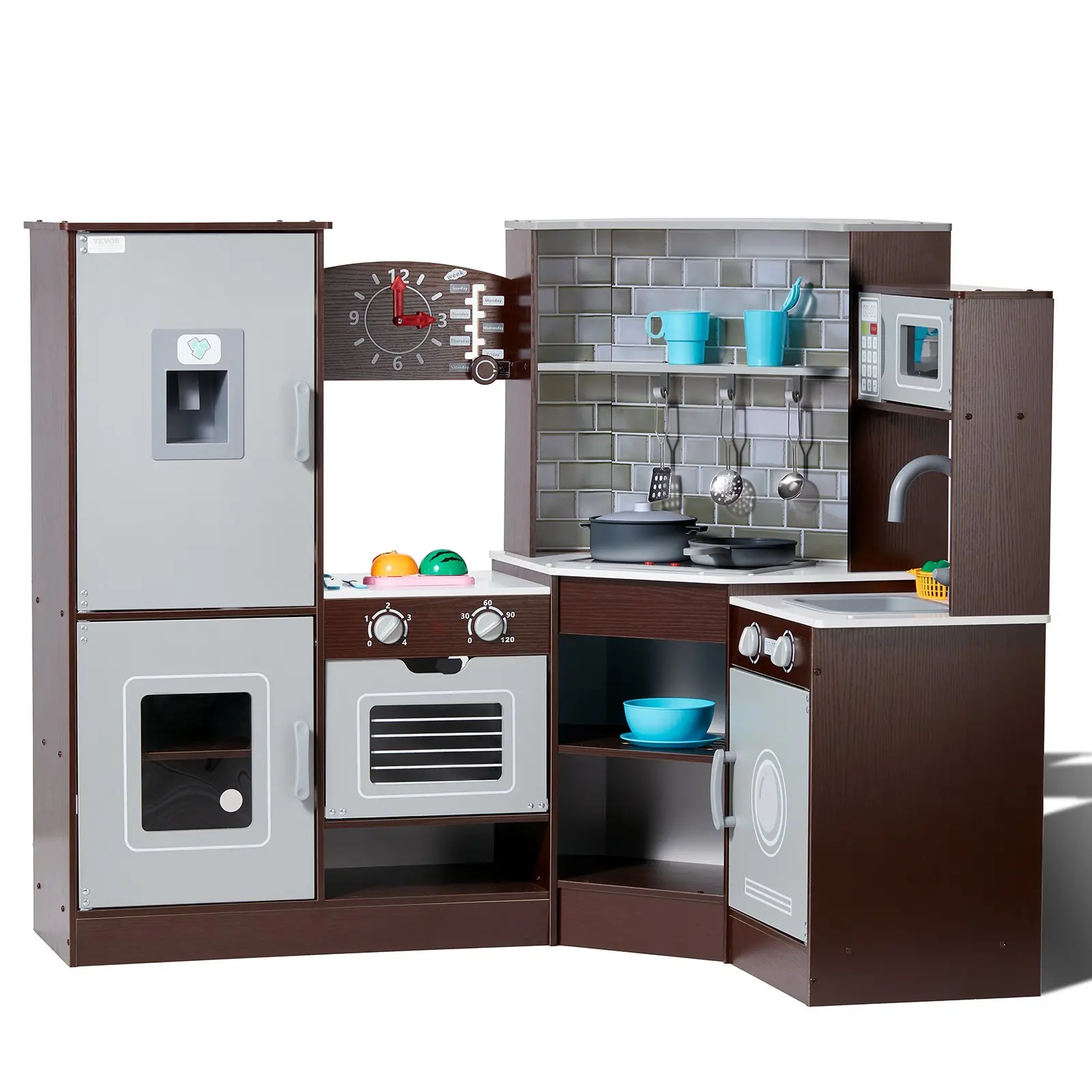 VEVOR Brown Corner Wooden Toddler Cooking Playset, Toy Kitchen with Lights/Sounds, Ice Maker, Oven, Sink, Clock, Microwave, Refrigerator & Accessories for Preschoolers