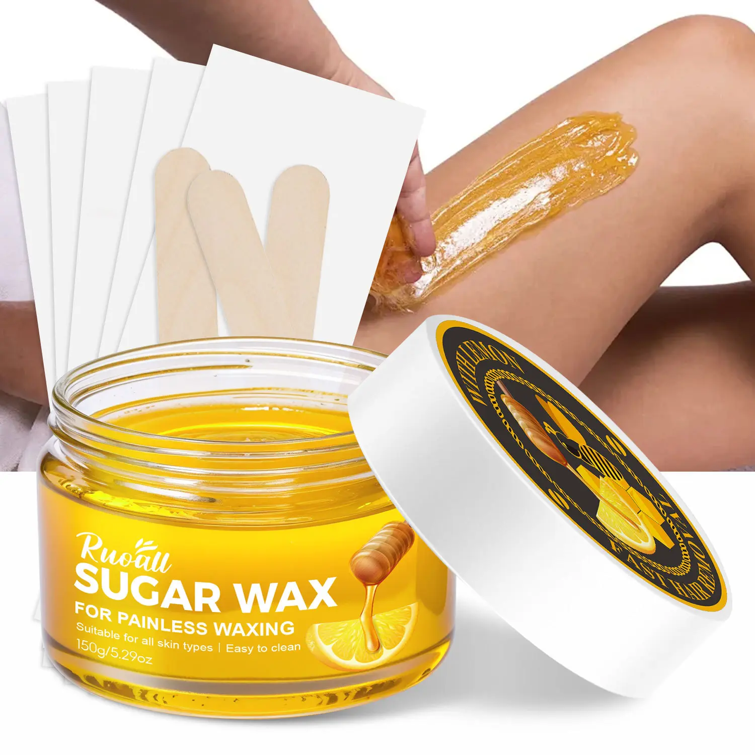 Summer Must Have Natural Sugar Wax Depilatory Kit Painless Honey Lemon Hair Remover Wax Complete With Wax Paper And Wooden Sticks For Home Self Waxing Home Hair Removal Body Waxing