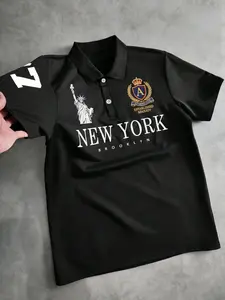 Men's New York Print Short Sleeve Polo Shirt, Brooklyn Rider Badge Collar T-Shirt, Streetwear Y2K Oversize Top, Summer Casual Wear, Menswear