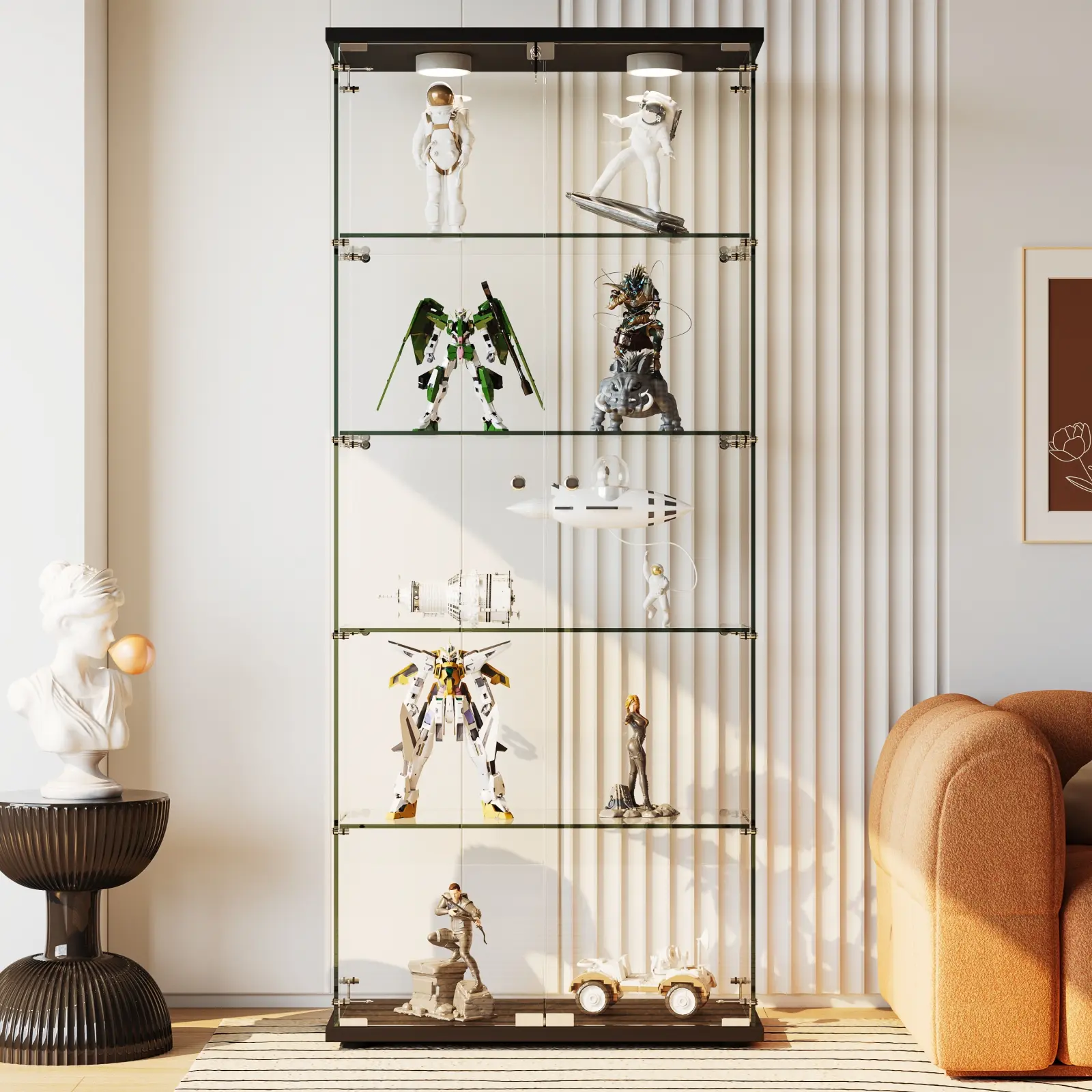 Lockable Tempered Glass Display Cabinet for Collectibles – 5 Adjustable Shelves, Double Doors, LED Lighting, Modern Curio Showcase for Figures, Living Room, Bedroom, or Office