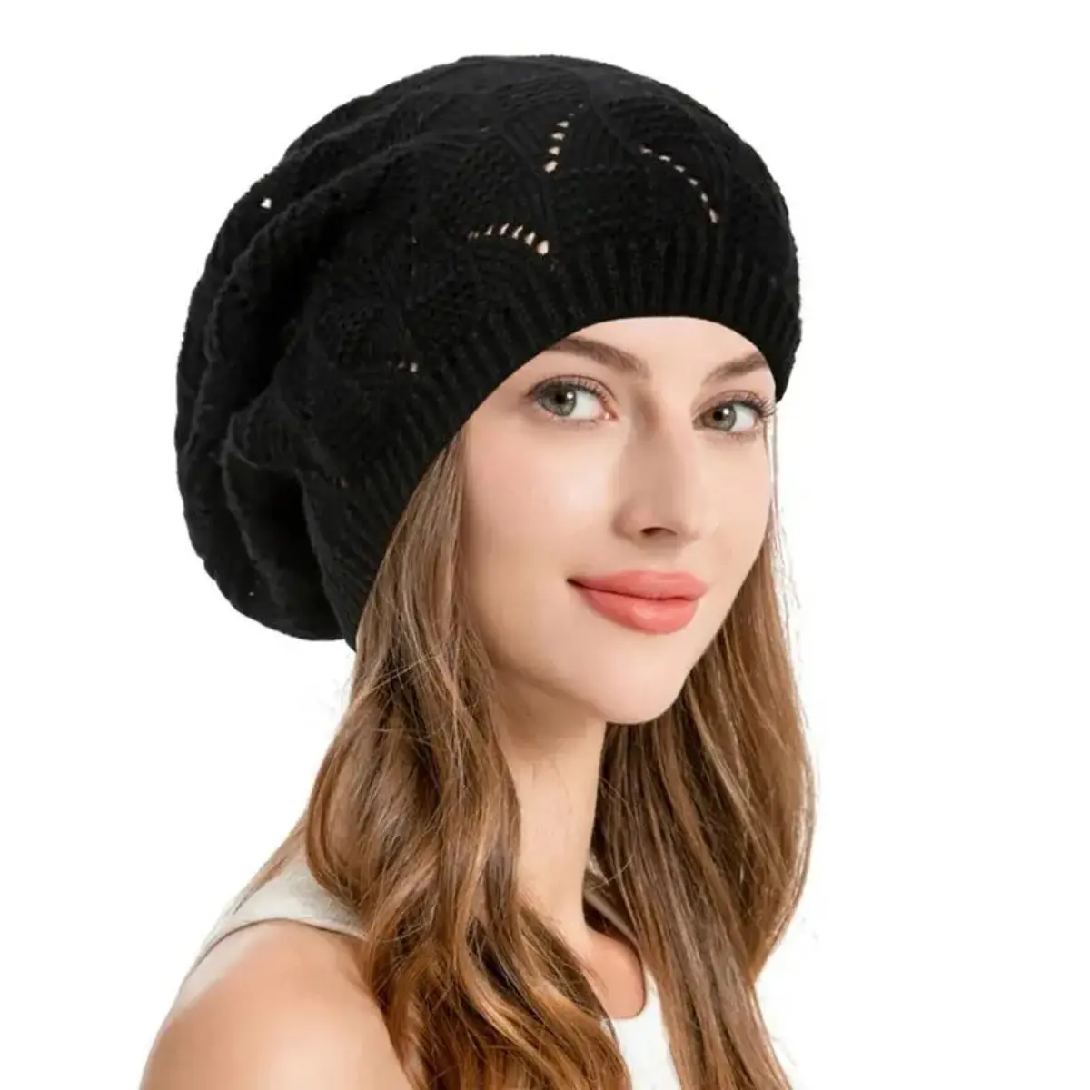 Women’s Tencel Soft Knit Plain Crochet Beret Hat - 58 cm Head Circumference, Lightweight Slouchy Beige, Breathable Cutout, Casual Fashion for Spring & Fall, Knitted Hat, Fashionable Hats