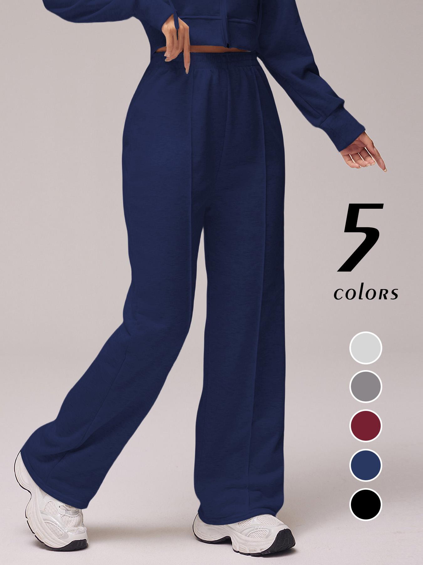 Women's Solid Color Top-Stitching Elastic Waist Sweatpants - Loose Fit Bottoms, Breathable Athleisure Style Bottoms, Female Everyday Activewear for Daily Outdoor & All-Season Use