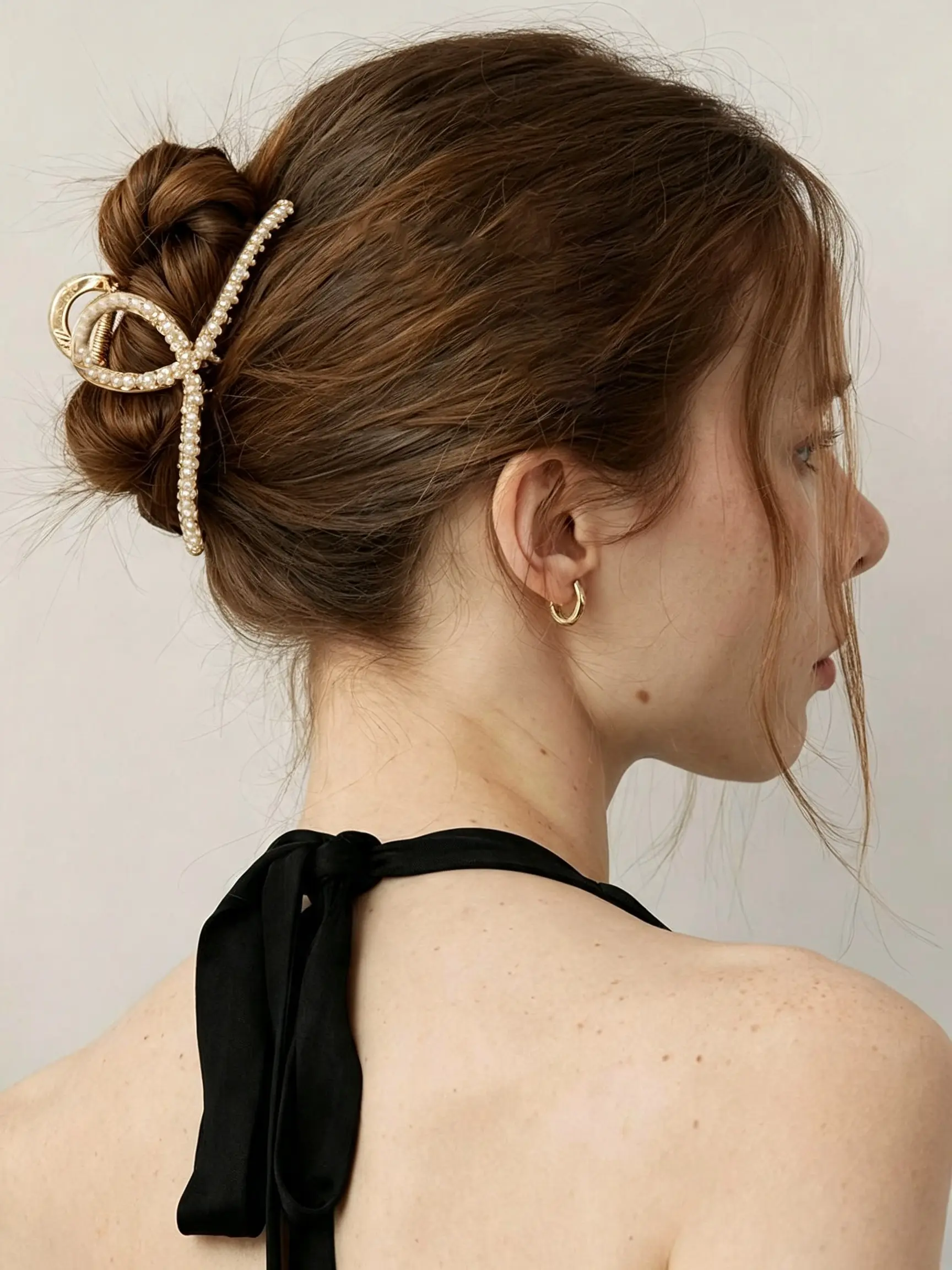 Elegant Hair Claw, Long Rhinestone Shark Clip, Hollow Out Imitation Pearl, Daily Wear Hair Accessory for Women
