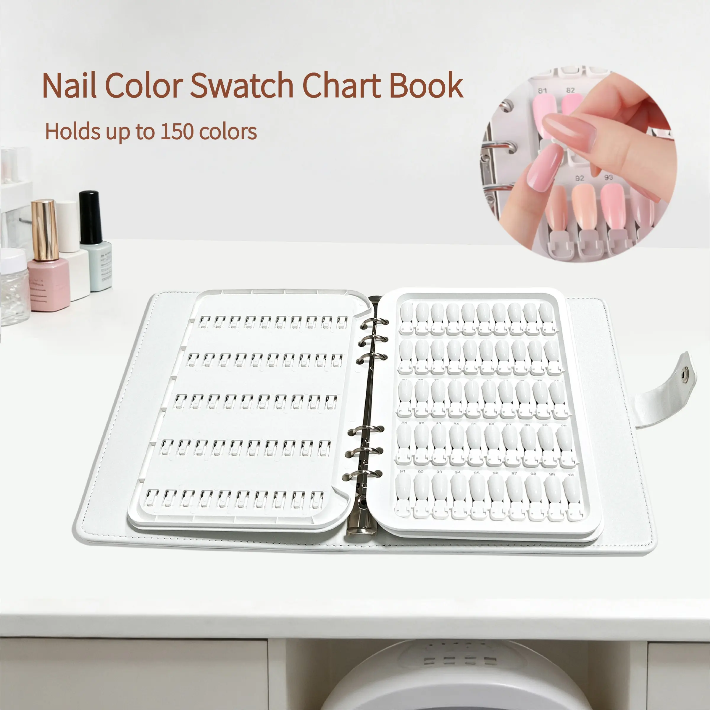 1 Set Snap-in 150-Color Nail Art Swatch Book with PU Leather Cover & Clear PVC Window, Nail Tech Supplies, Includes 180pcs ABS Blank Nail Tips (150 Display+30 Spare) & Number Stickers for Nail Salon Manicurists