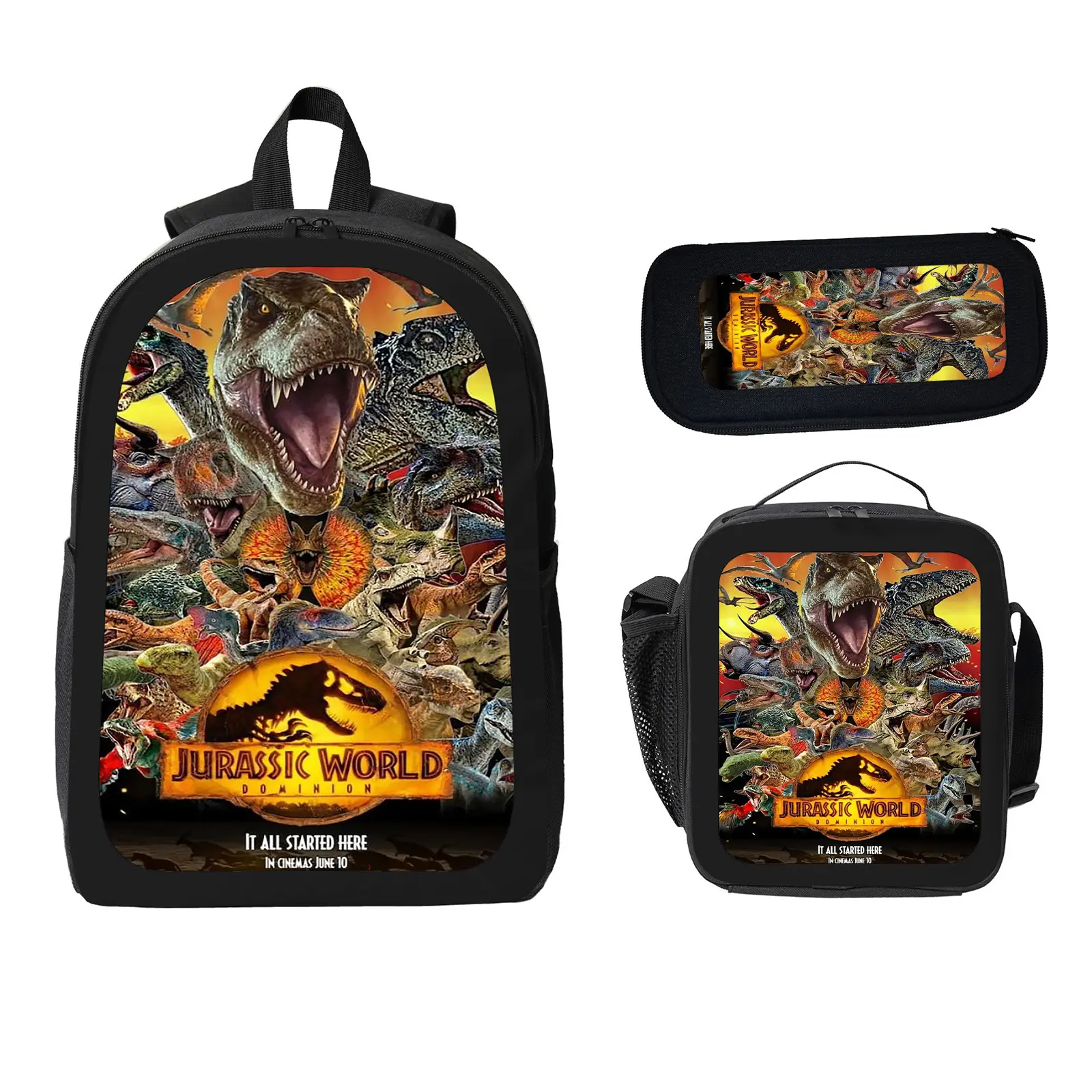 Jurassic Park Unisex Kids' 3-Piece School Backpack Set Pack, Large Capacity Water-Resistant Bookbag with Insulated Lunch Bag, Pencil Case, Travel Daypack for Elementary-Middle School (d-52)