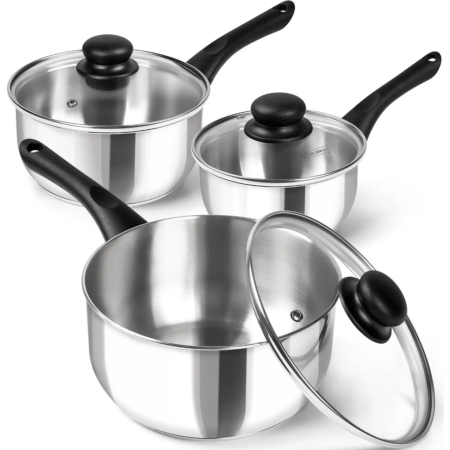 Stainless Steel Pots with , Triply Base for Induction | Lightweight Cooking Pot Set, Sauce Pans with Cool- Bakelite Handle, Induction Compatible Saucepan, 1 + 2 + 3QT